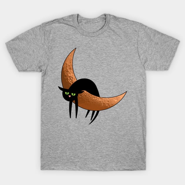 Sad Black Cat Hanging on the Moon T-Shirt by StephJChild